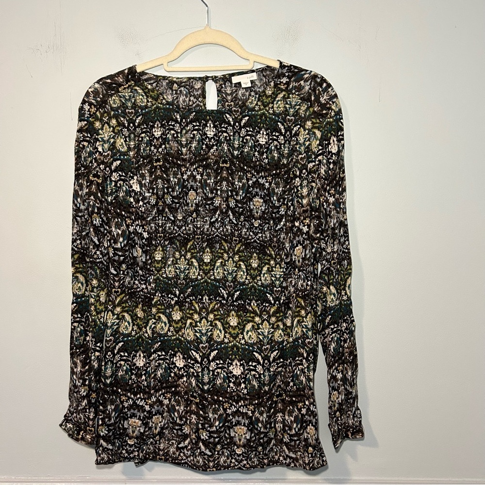 J. Jill Green & Brown Ruched Smock Long Sleeve Blouse Size Medium